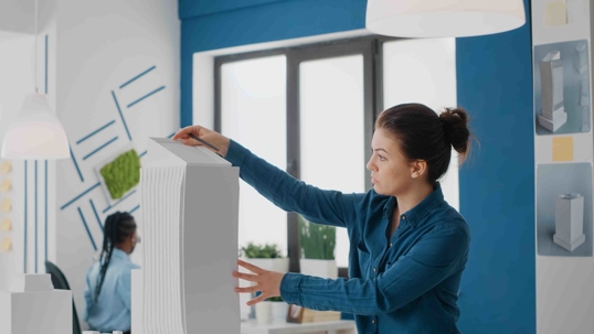 lady stacking papers