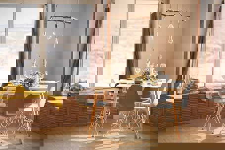 living room with a stick chandelier